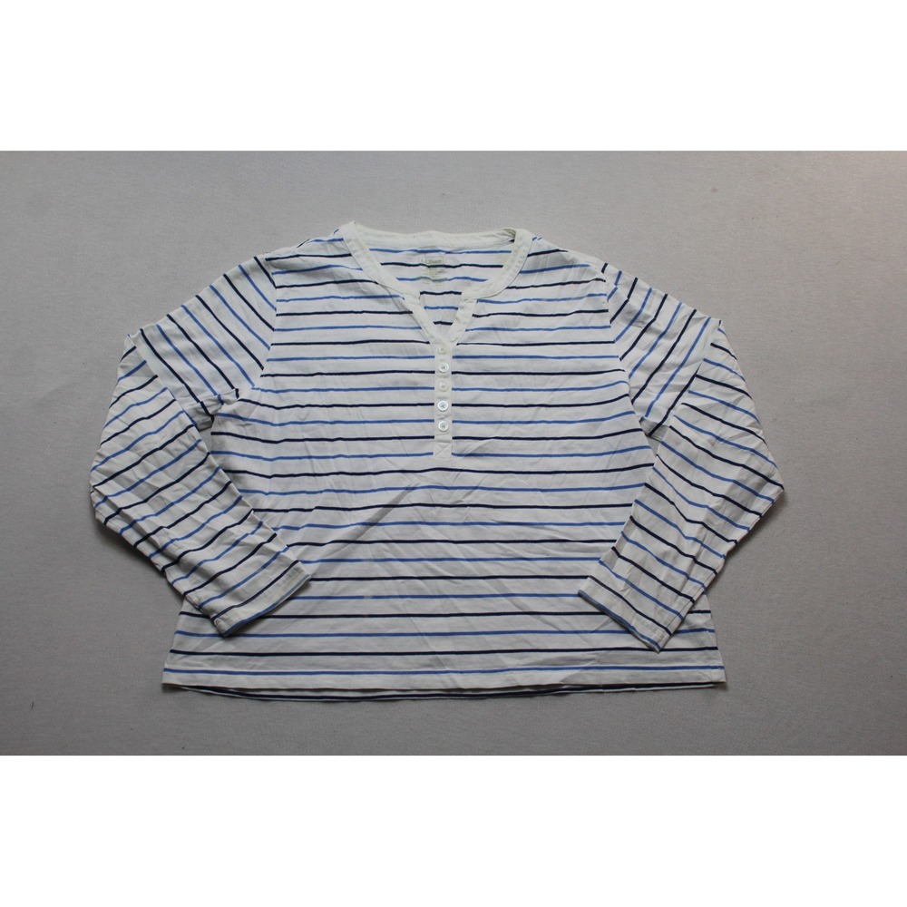 LL Bean Henley Top Womens Medium Blue White Excellent Striped Long Sleeve Cotton
